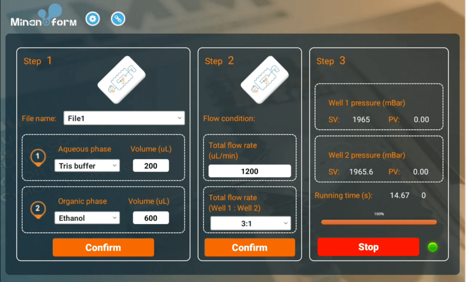 MiNano Form touchscreen interface with three setup steps
