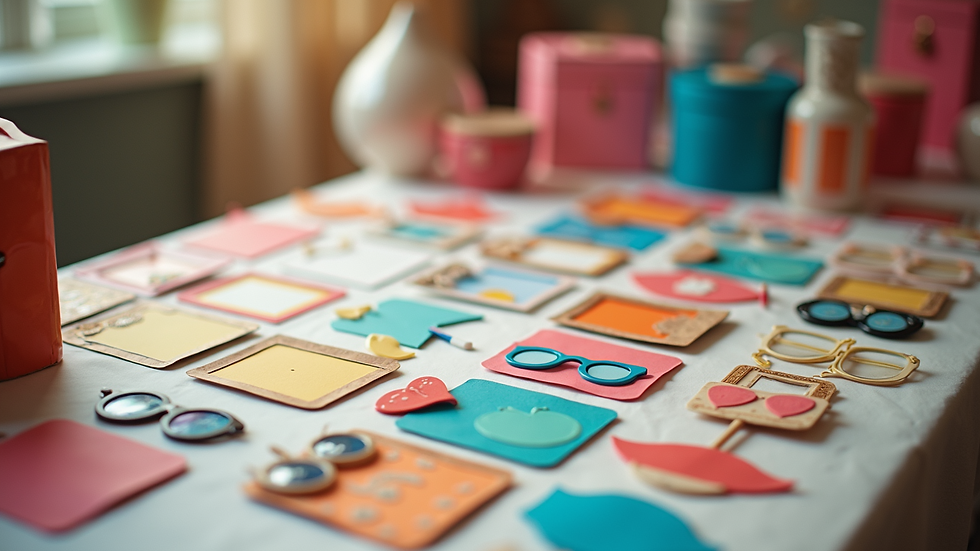 High angle view of colorful photo booth props on a table