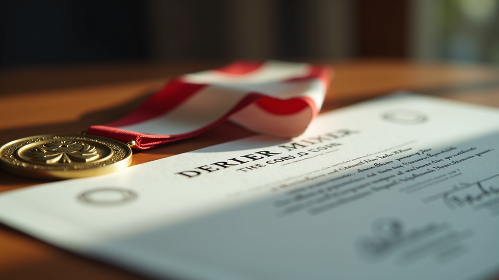 Close-up view of a medal and certificate on a table