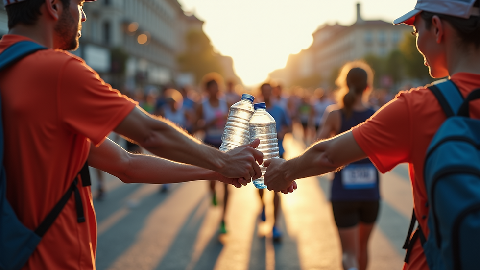 High angle view of volunteers handing out water bottles to marathon runners
