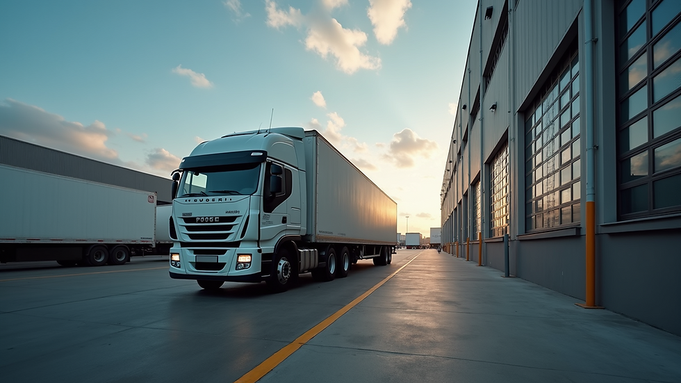 Eye-level view of a logistics truck parked at a warehouse loading dock