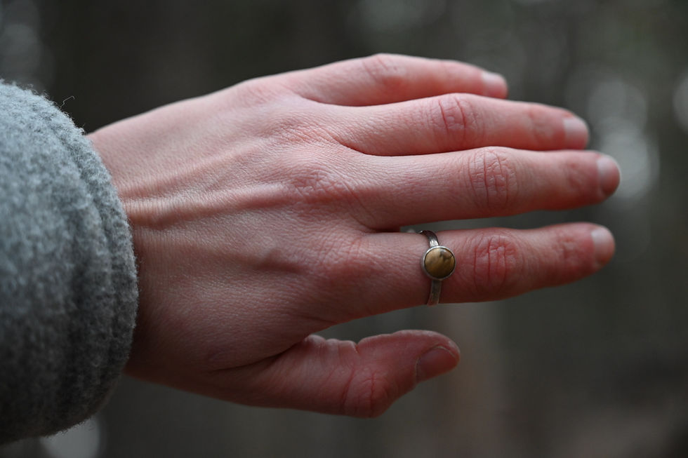 desert jasper ring photographed in the woods