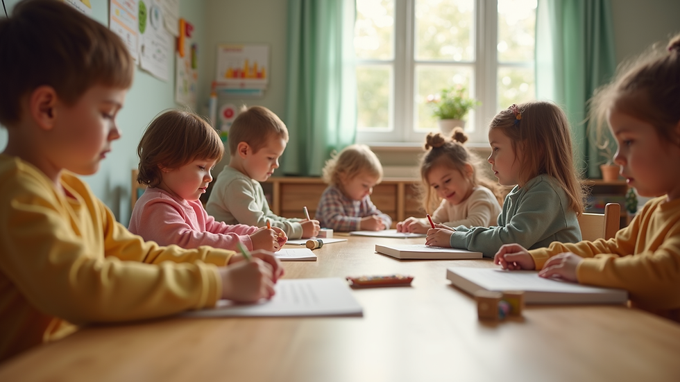 Eye-level view of a Montessori classroom with children engaged in various activities