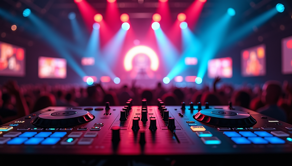 DJ controller setup on stage with vibrant lighting