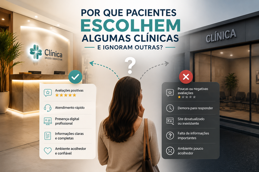 Ilustração mostrando como pacientes escolhem clínicas com melhor reputação online, atendimento eficiente, avaliações positivas e presença digital profissional, enquanto ignoram clínicas com pouca credibilidade e informações insuficientes.