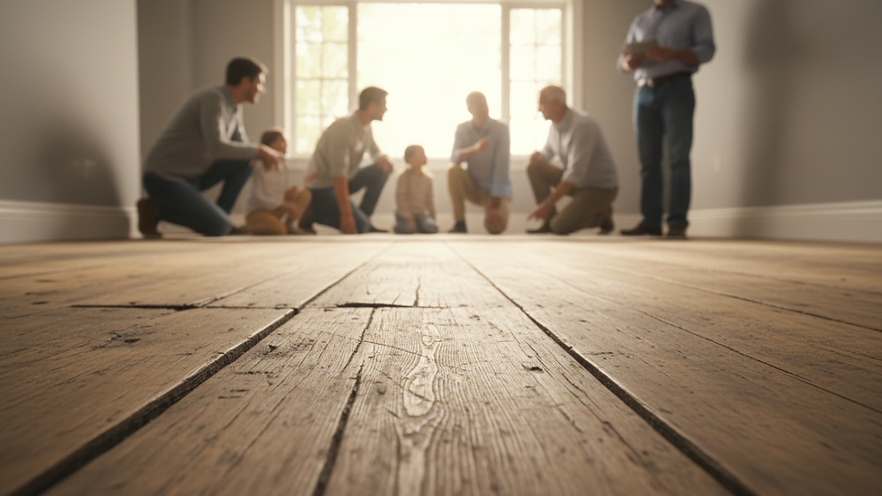 Close-up view of an old wooden floor with visible wear and gaps