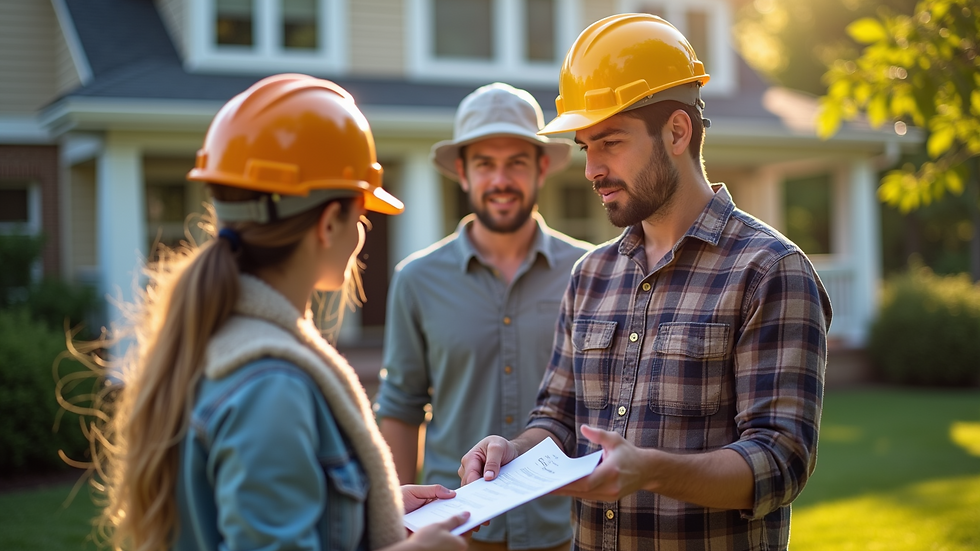 High angle view of a home services team discussing a project outdoors