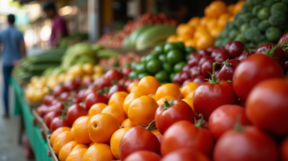 Close-up view of a vibrant Brazilian market with colorful fruits and vegetables