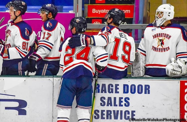 Players for the Johnstown Tomahawks gather at their bench to celebrate a goal against the New Jersey Titans