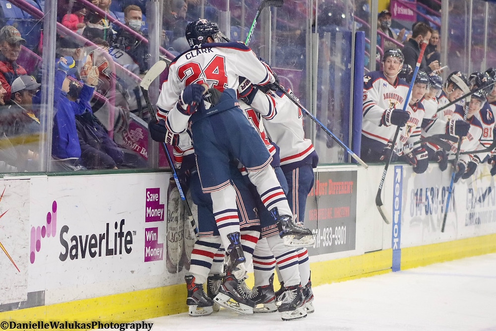 Bredon Clark of the Johnstown Tomahawks celebrates a goal during the 2020-2021 NAHL season