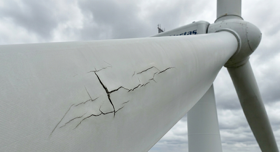 Risse an einem Windkraftanlagen-Rotorblatt – Drohneninspektion zur Strukturschadenserkennung