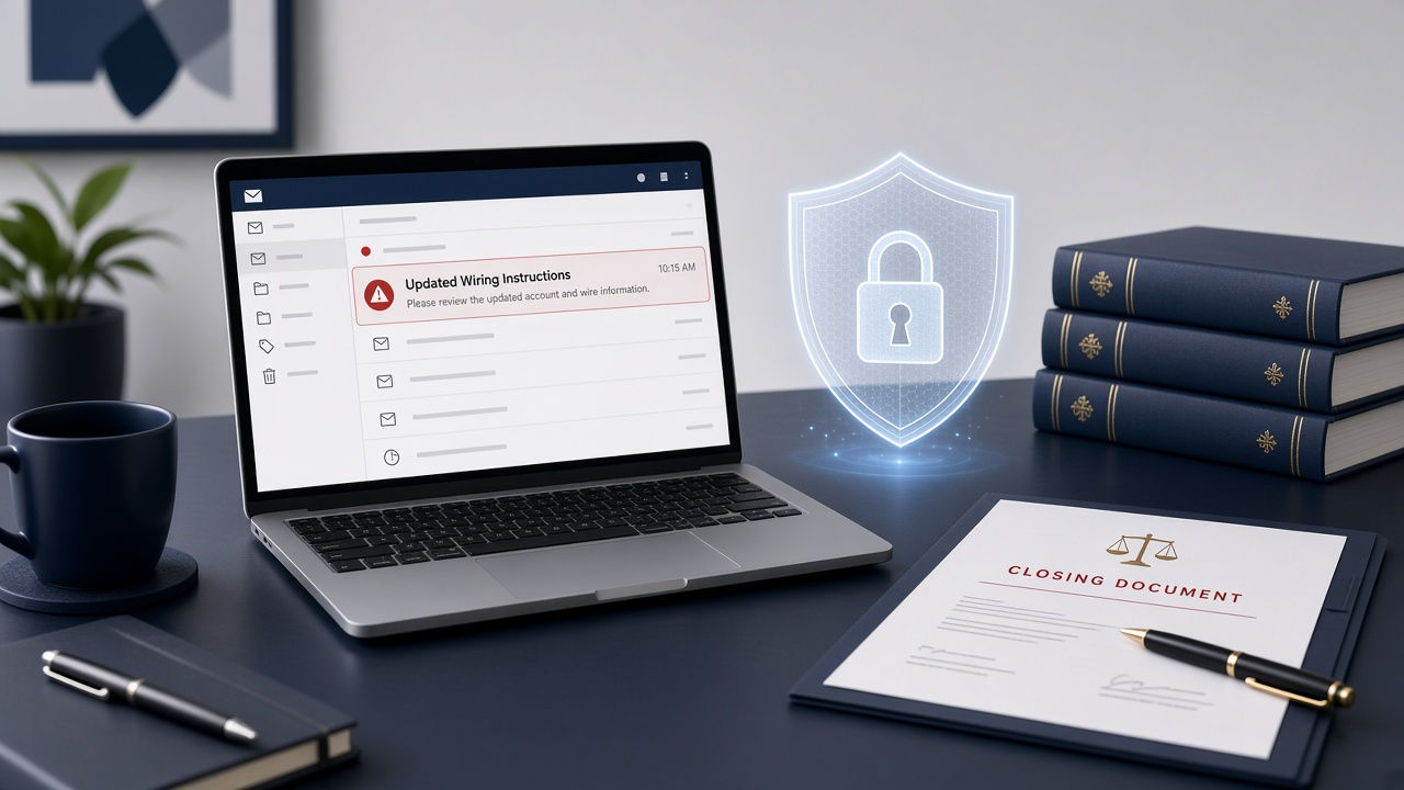 Laptop showing a suspicious updated wiring instructions email next to a security shield and closing documents