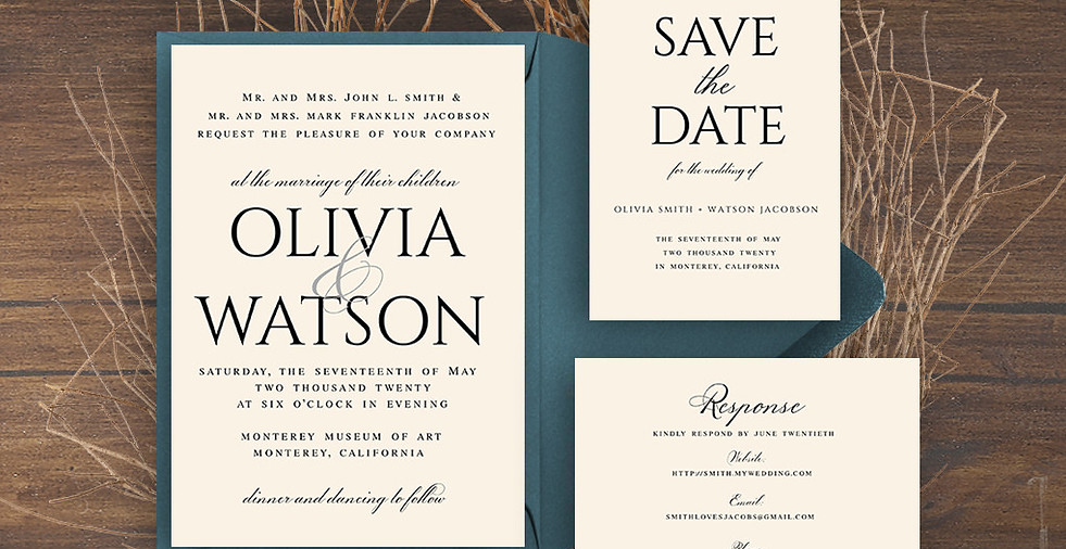 Green and cream wedding invitations