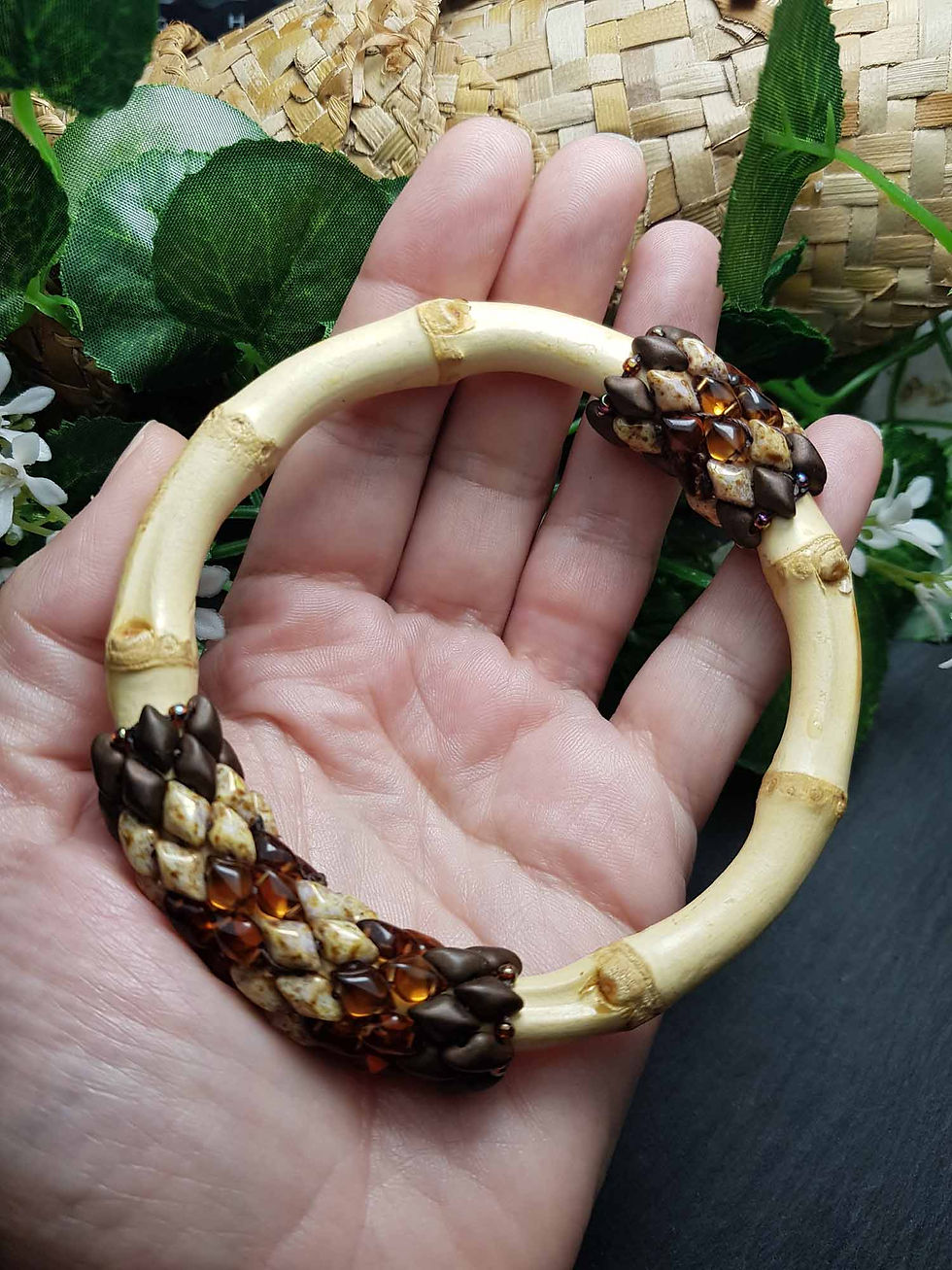 Miniature : Bracelet jonc XL bambou et perles serpentines - 3632