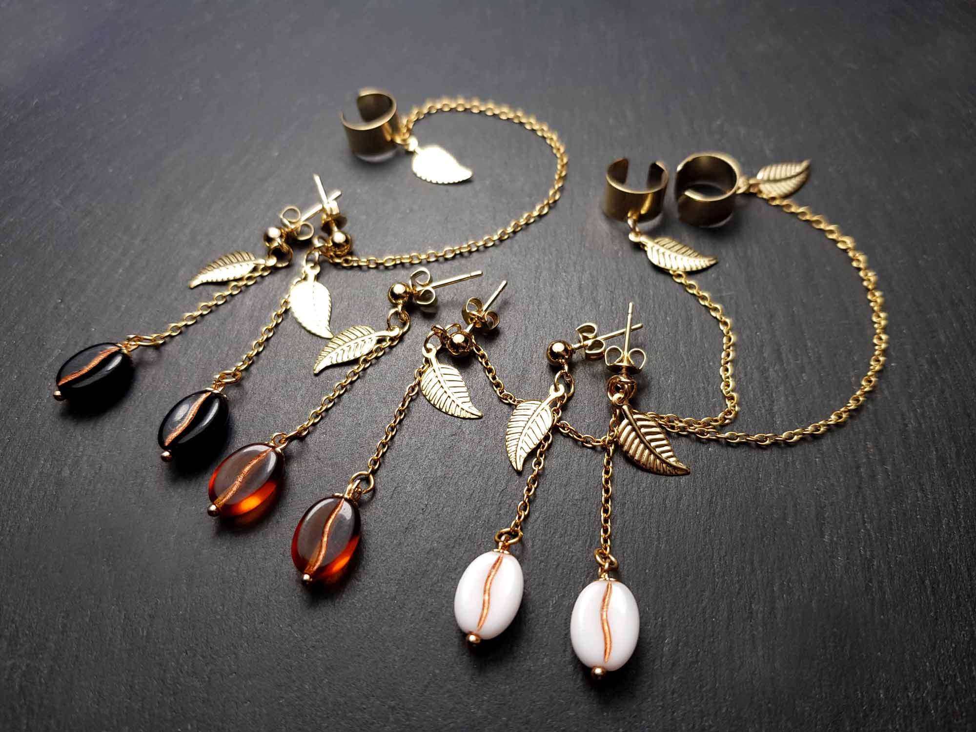 Boucles asymétriques clous café & bague d'oreille COULEUR AU CHOIX - 3296C