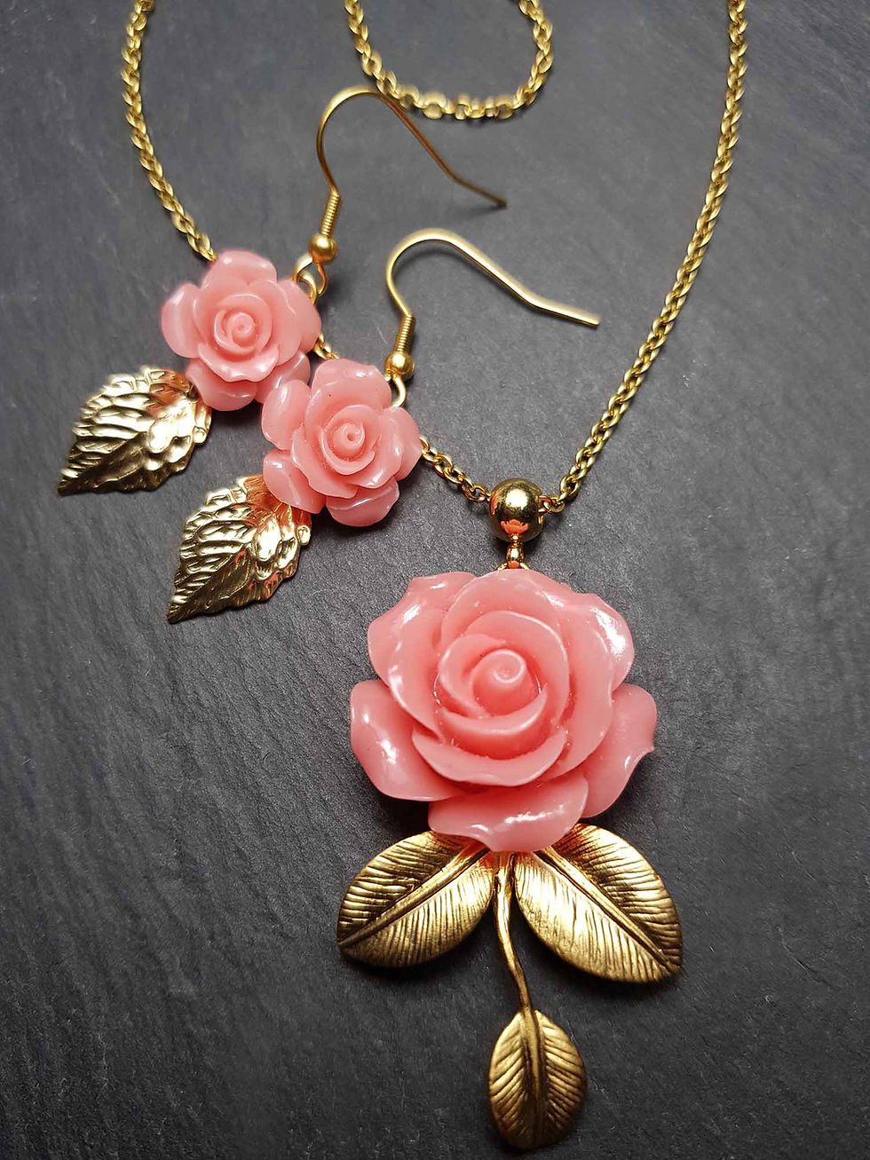 Miniature : PARURE Boucles et collier, roses et feuilles, ACIER DORÉ - 3685