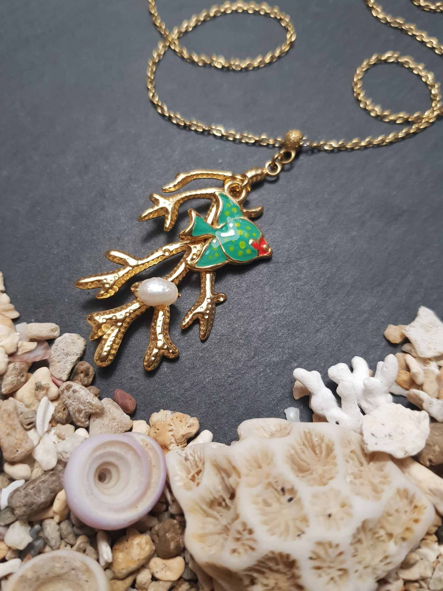 Collier acier inox doré VISION CORALIENNE, corail et poisson - 3616C