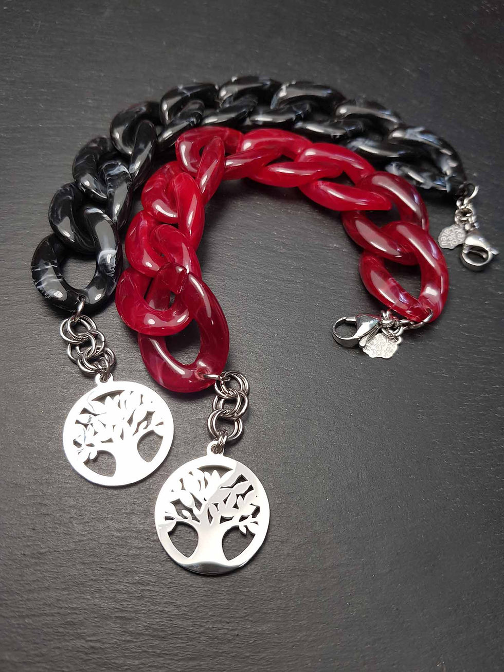Miniature : Bracelets oversizes mailles GÉANTES Arbre de Vie, noir/rouge rubis - 3345