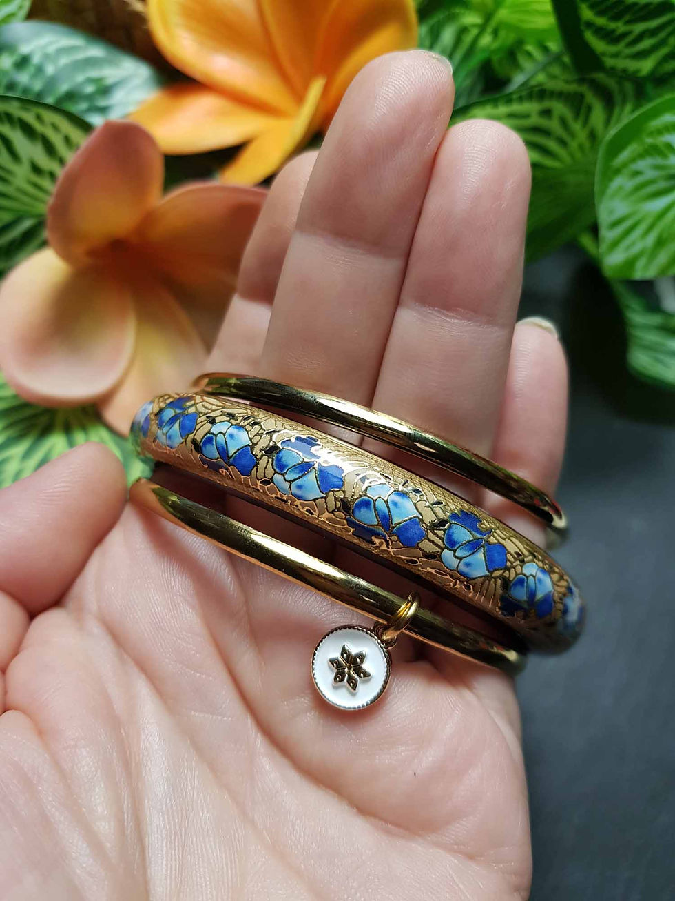 Miniature : Bracelets joncs 2 acier inox et 1 bois motif floral AU CHOIX- 3542