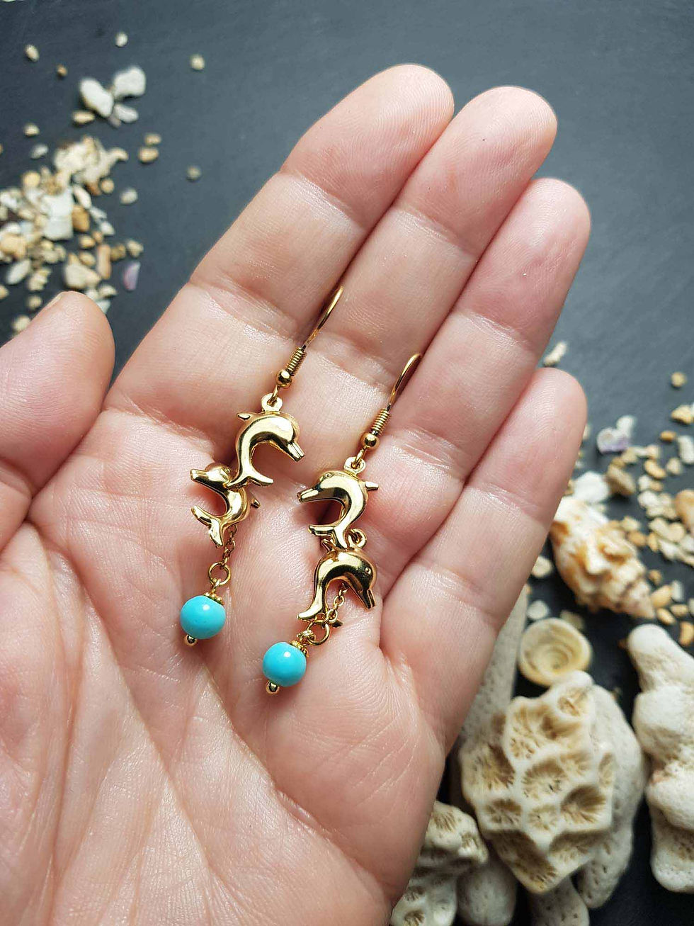 Miniature : Boucles dauphins et perles turquoises  - 3606