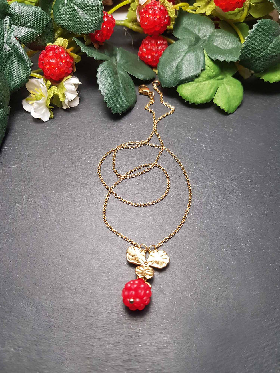 Miniature : Collier framboise & trèfle, acier inox doré -3384