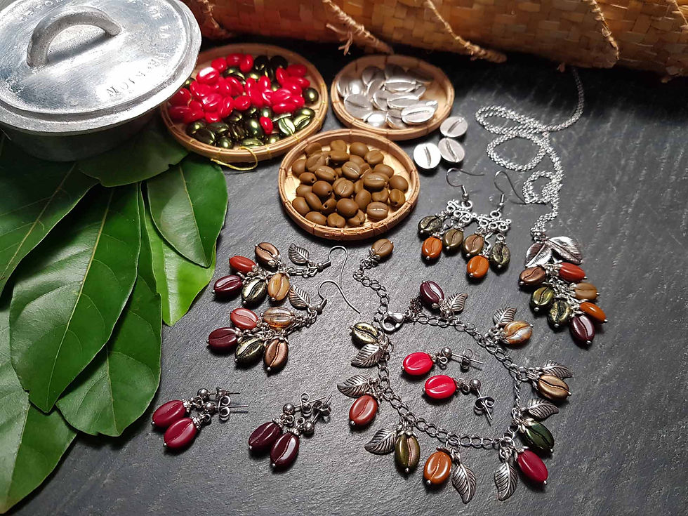 Miniature : Sautoir original grains de café multicolores & feuillage – 2876