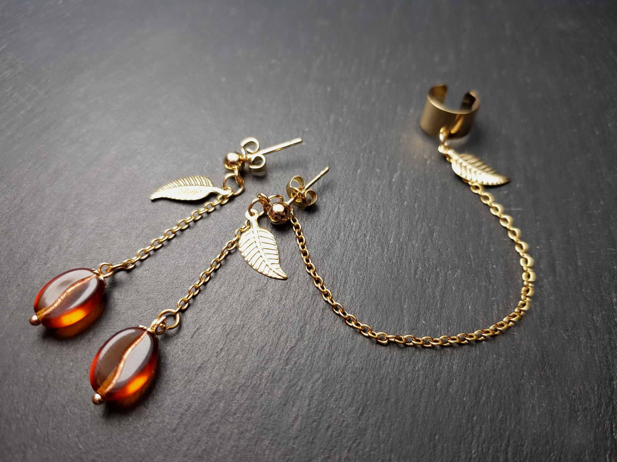 Boucles asymétriques clous café & bague d'oreille COULEUR AU CHOIX - 3296C