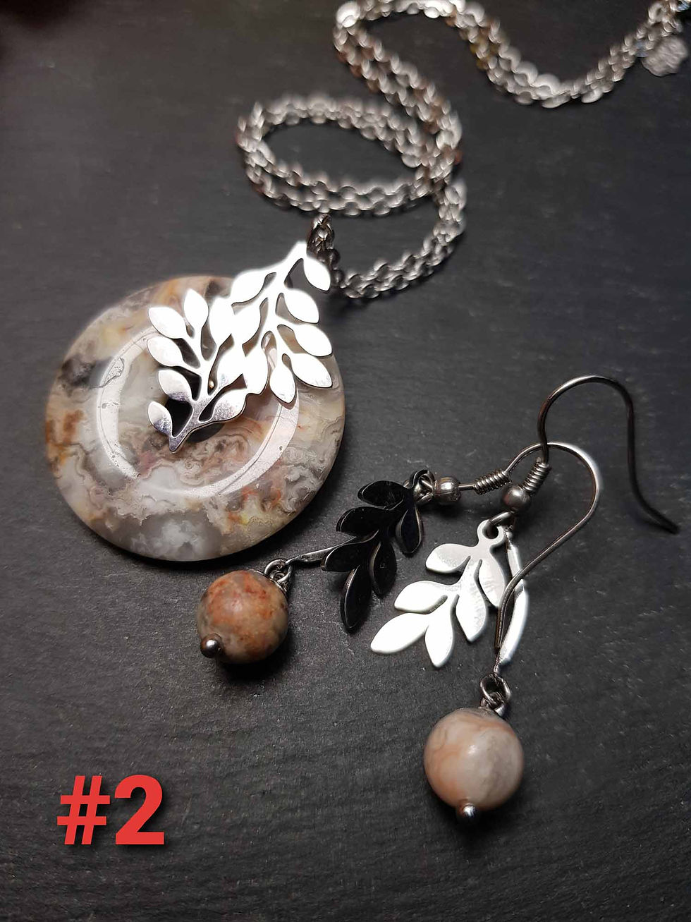 Miniature : Parure acier inox argenté "Gemme & feuillage" agate COULEUR EAU CHOIX - 3371