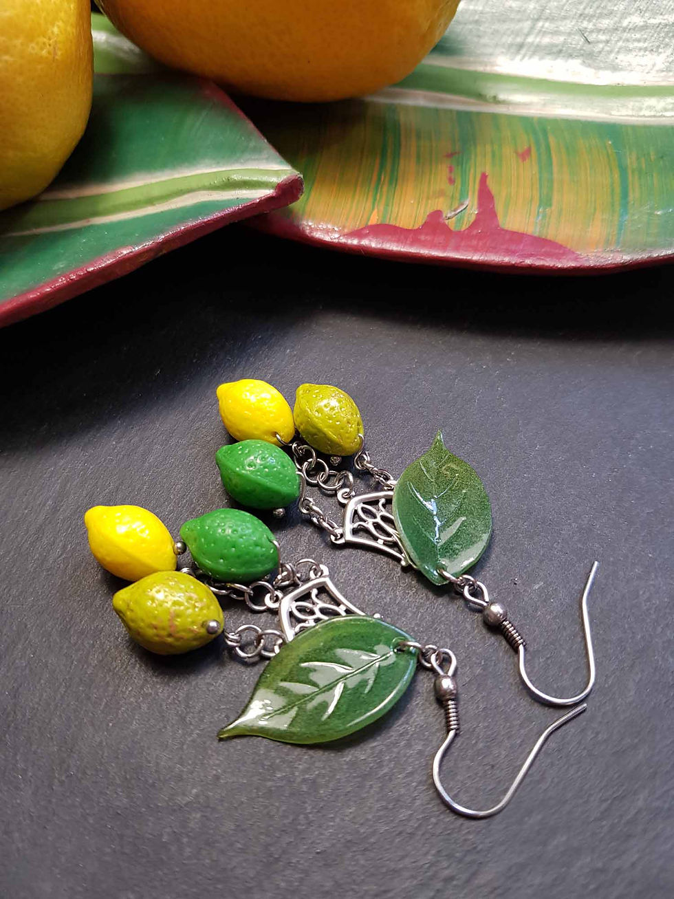 Miniature : Boucles originales 3 citrons & feuilles vertes- 3182