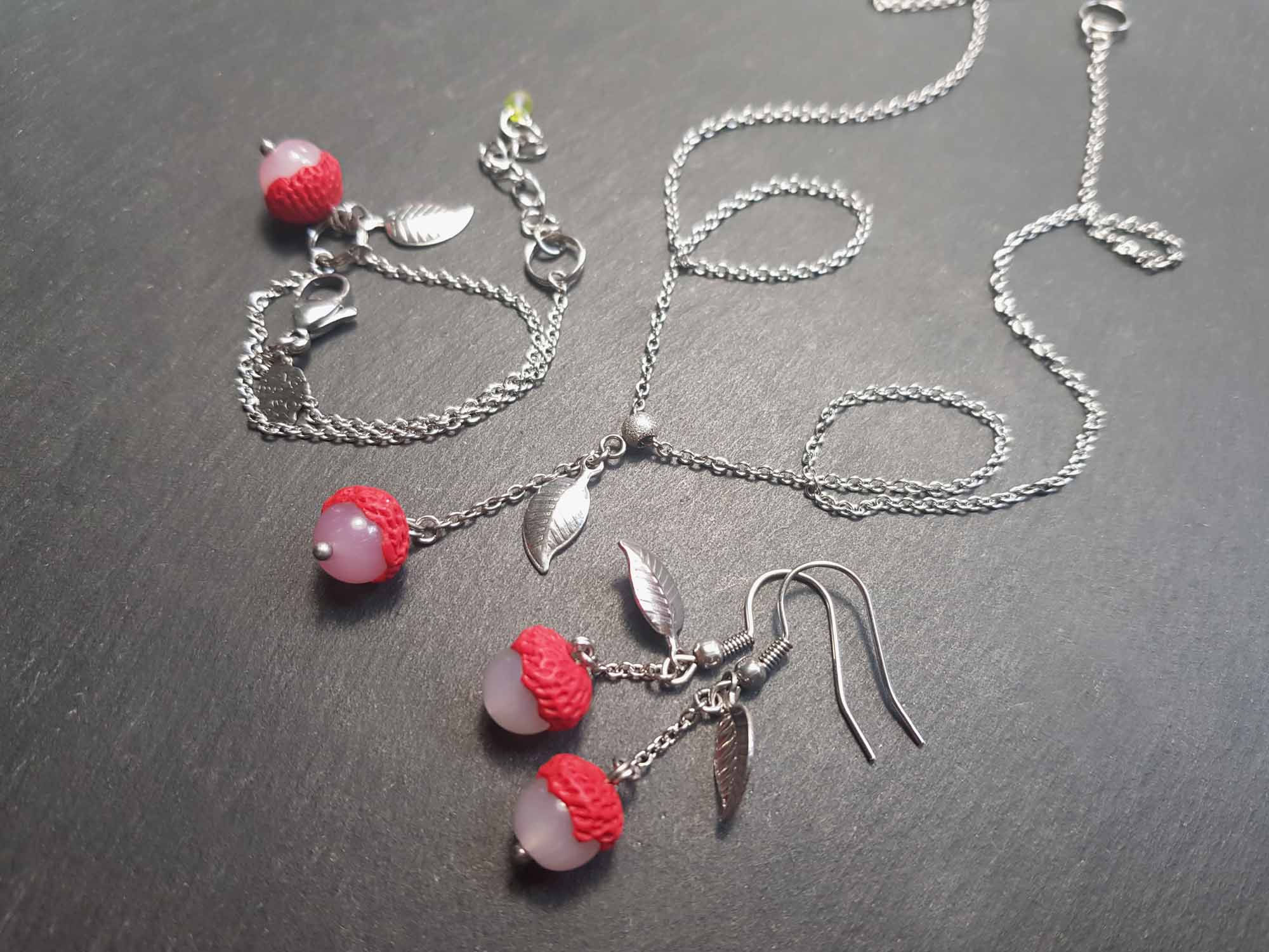 Parure complète letchi minimaliste bracelet, collier, boucles -2909