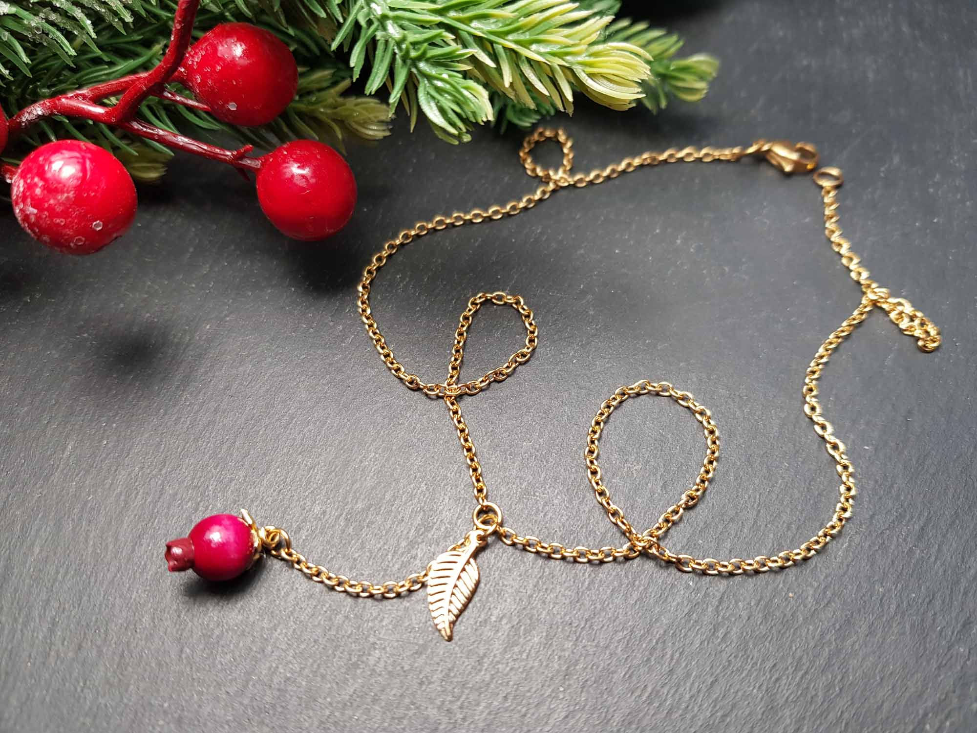 Collier acier inox doré goyavier & mini feuille - 3323C