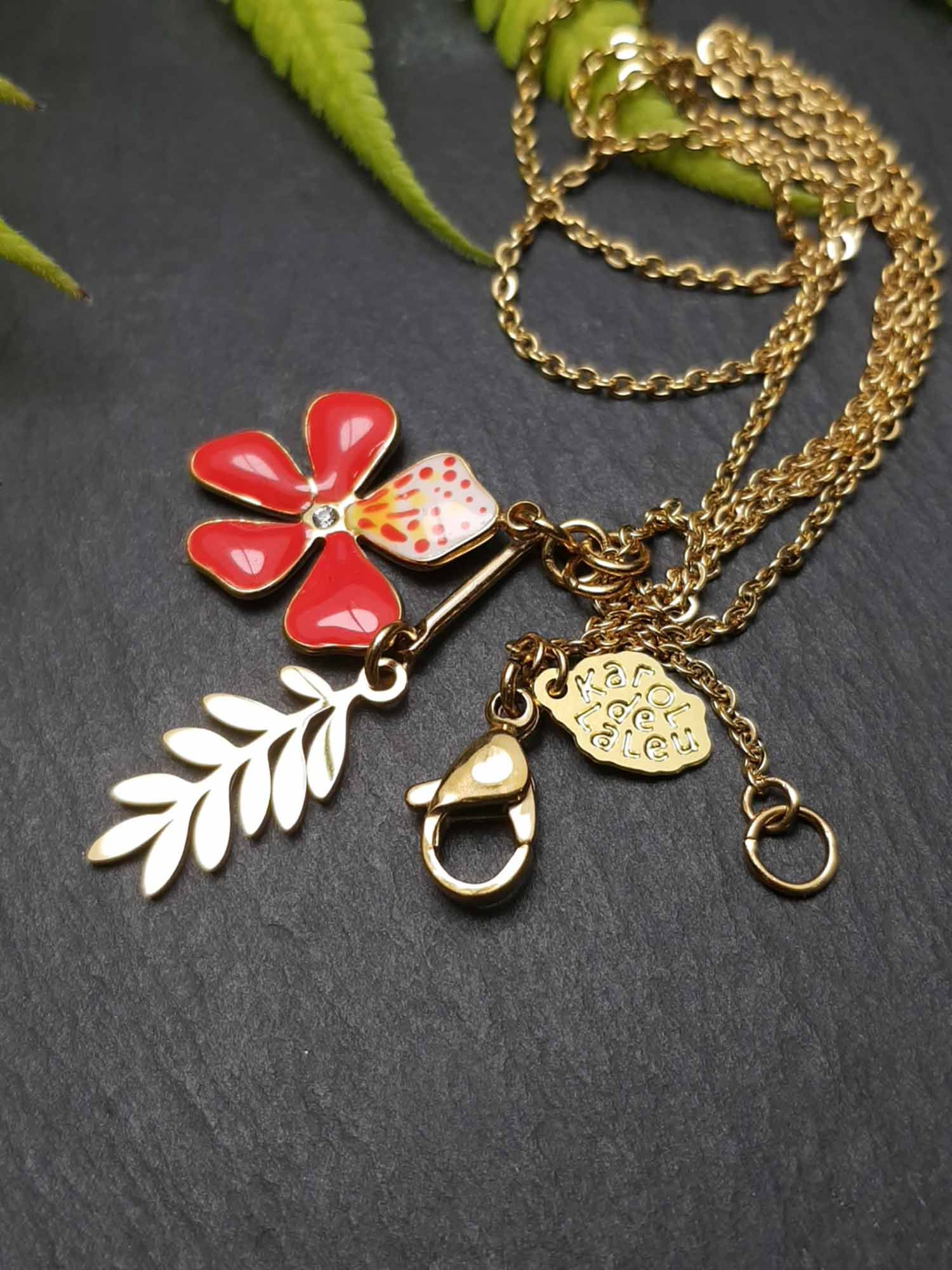 Collier FLEUR DE FLAMBOYANT et feuillage - 3662C
