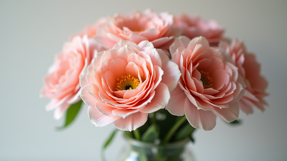 Eye-level view of a collection of elegant artificial flowers in a vase