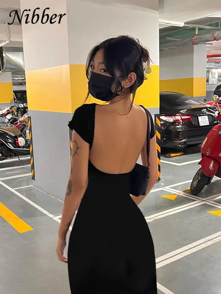 Miniatura: Nibber Solid Sexy Backless Maxi Dress Women Elegant Elastic Slim Short Sleeve Lo