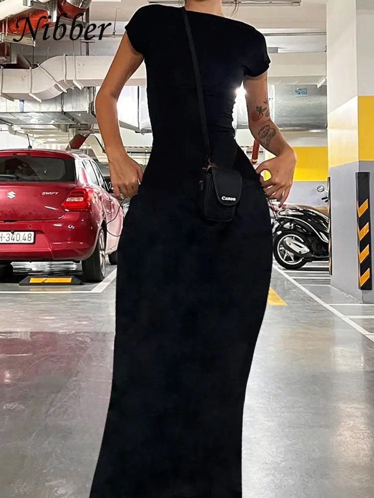 Miniatura: Nibber Solid Sexy Backless Maxi Dress Women Elegant Elastic Slim Short Sleeve Lo