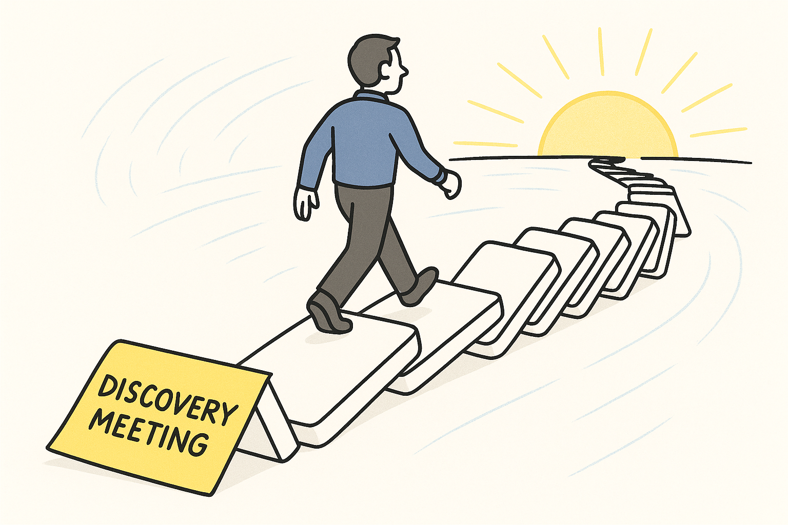 Man walks past "Discovery Meeting" towards sunrise on a path of collapsed dominoes.