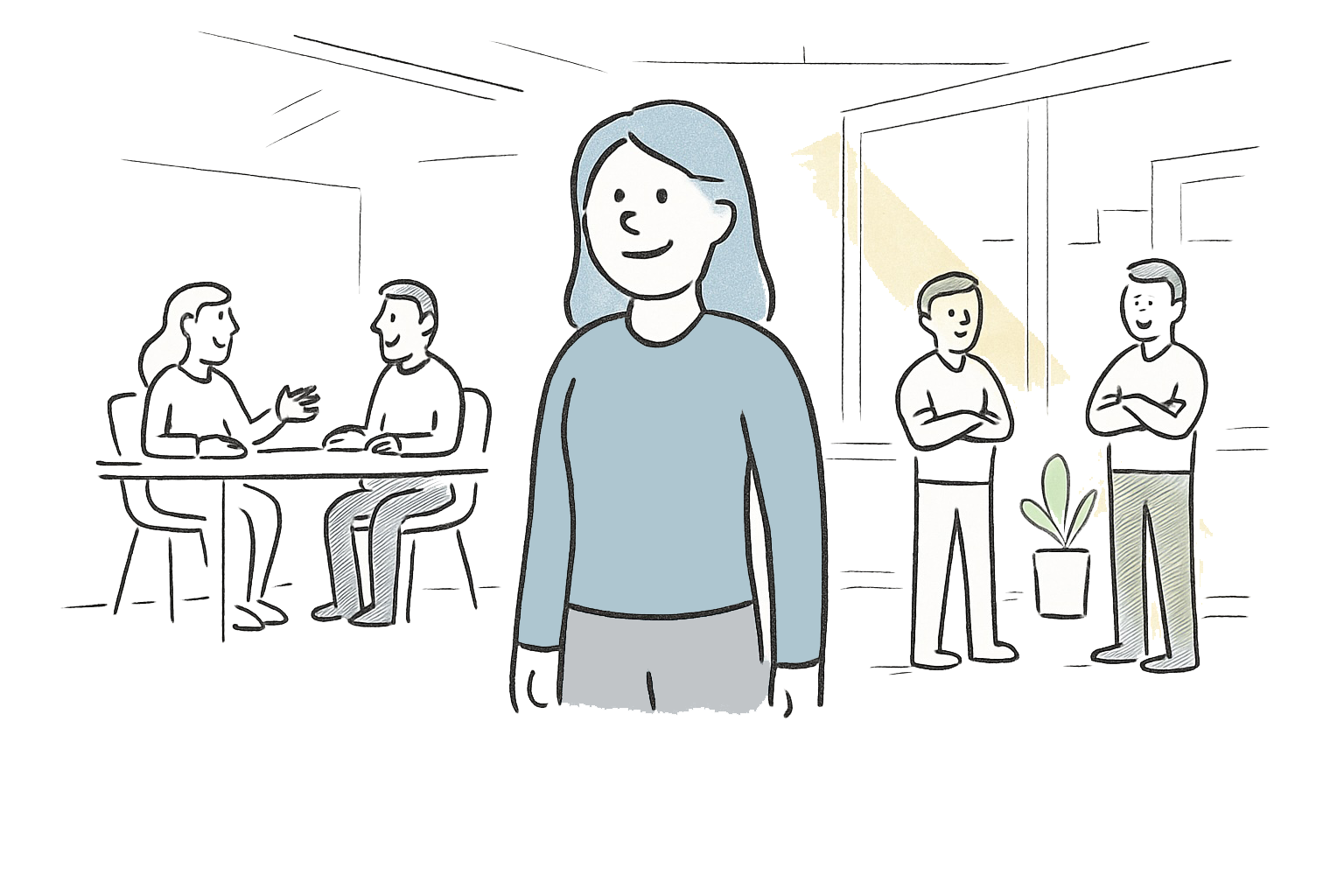 Smiling woman in new office with new colleagues. Sun shining.