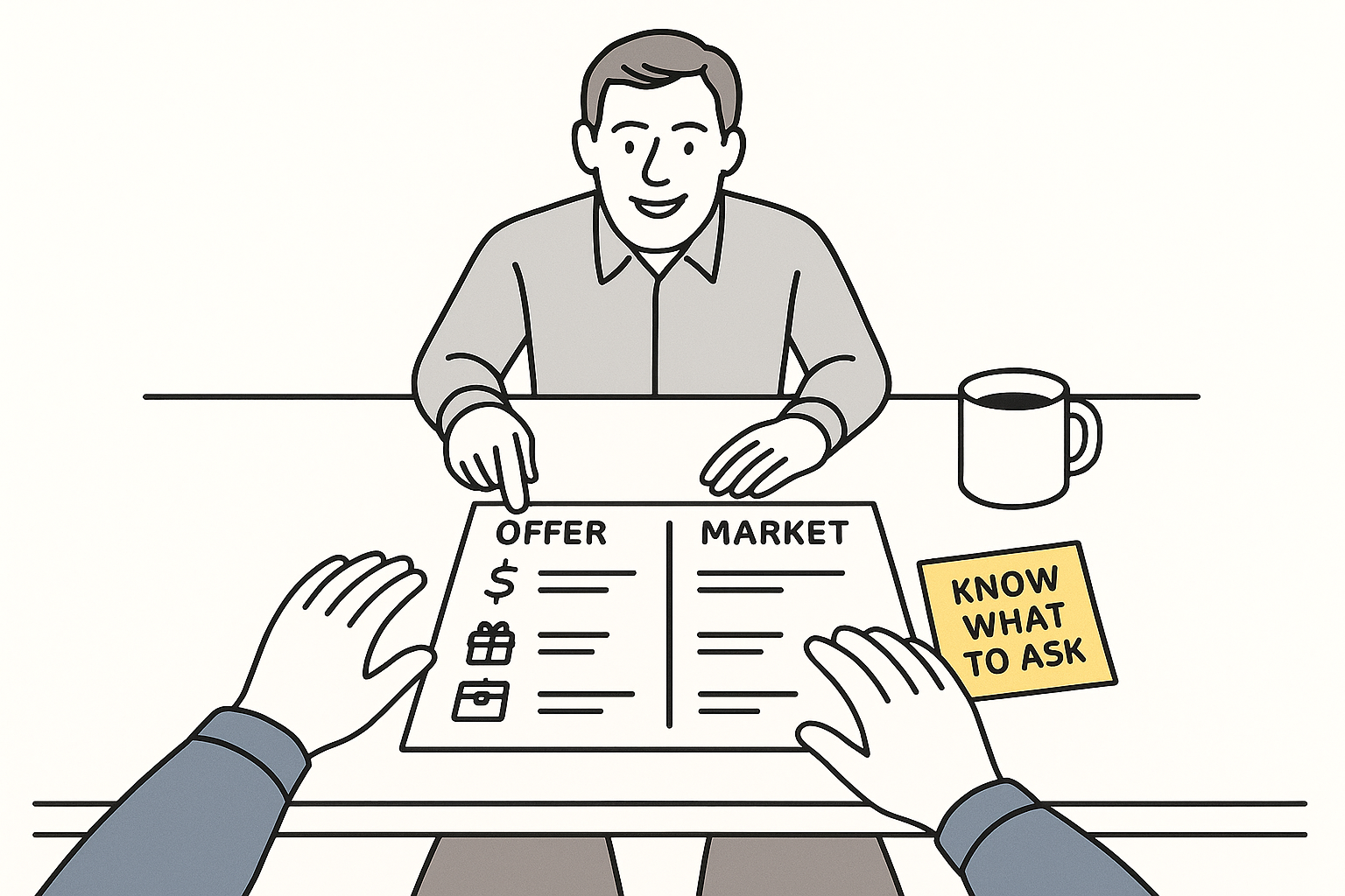 Negotiation Preparation Meeting: Career Advocate and Client analyzing a job offer and comparing it to market rates in preparation for negotiation.