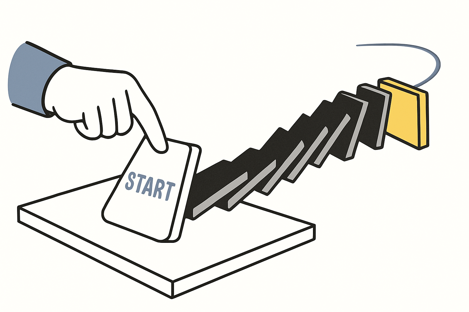 Hand pushes START domino; chain reaction