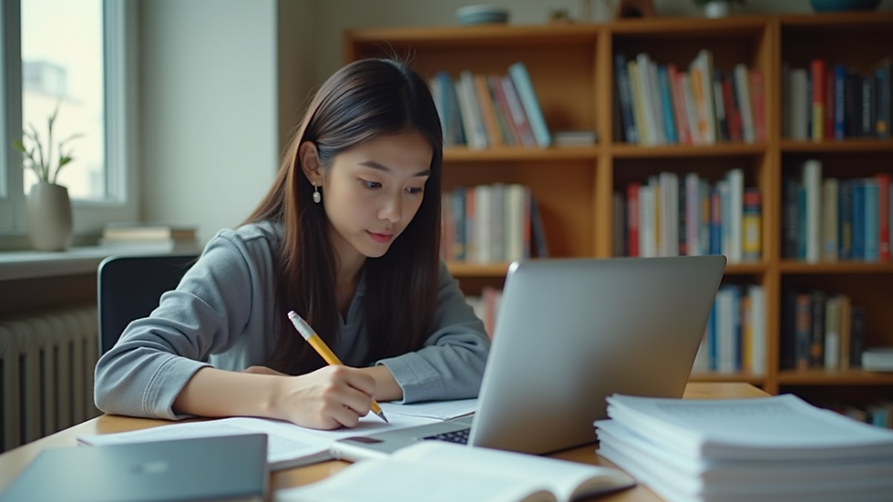 Eye-level view of a student studying with a laptop and books