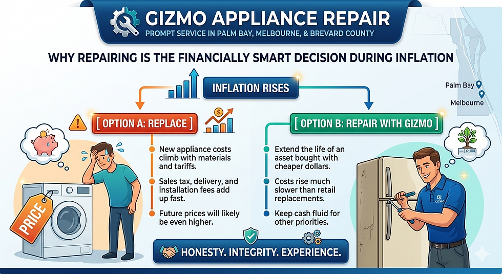 Infographic by Gizmo Appliance Repair comparing the cost of appliance repair vs replacement during inflation in Palm Bay and Melbourne, Florida.