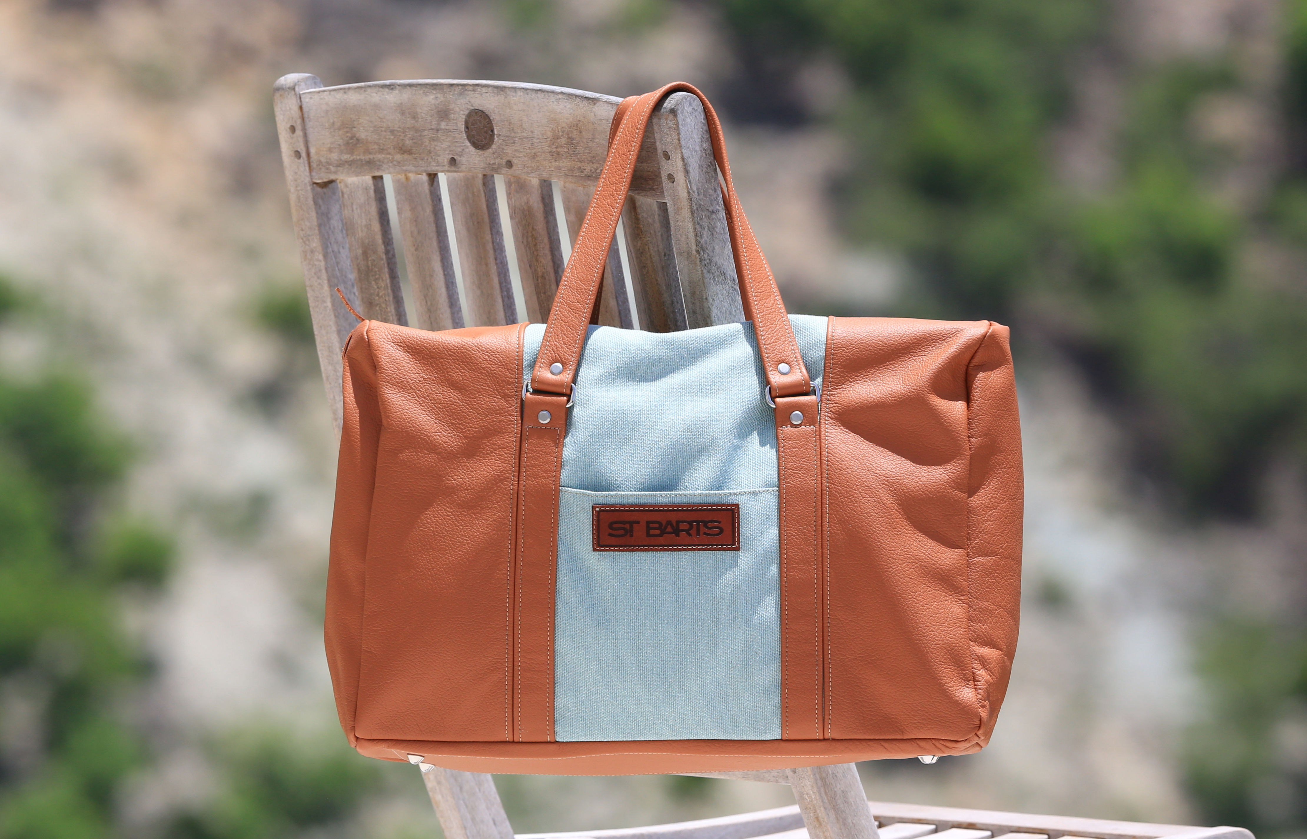 Zipped Leather and Canvas Handbag