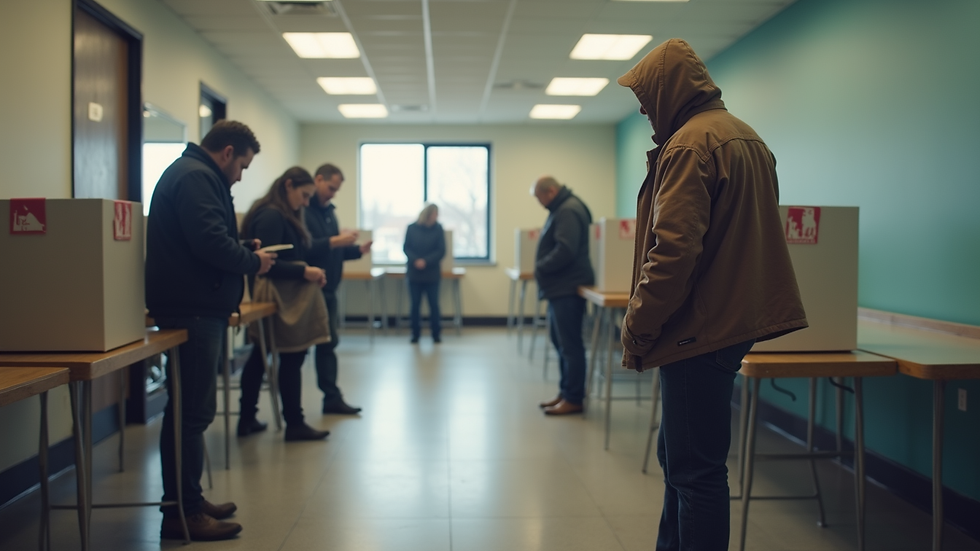 Eye-level view of a polling station with voters casting their ballots