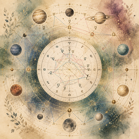a birth chart showing houses, aspects, planets and signs on a wider subtle cosmic background