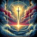 a sword emerging from water and into the sky surrounded by gold light