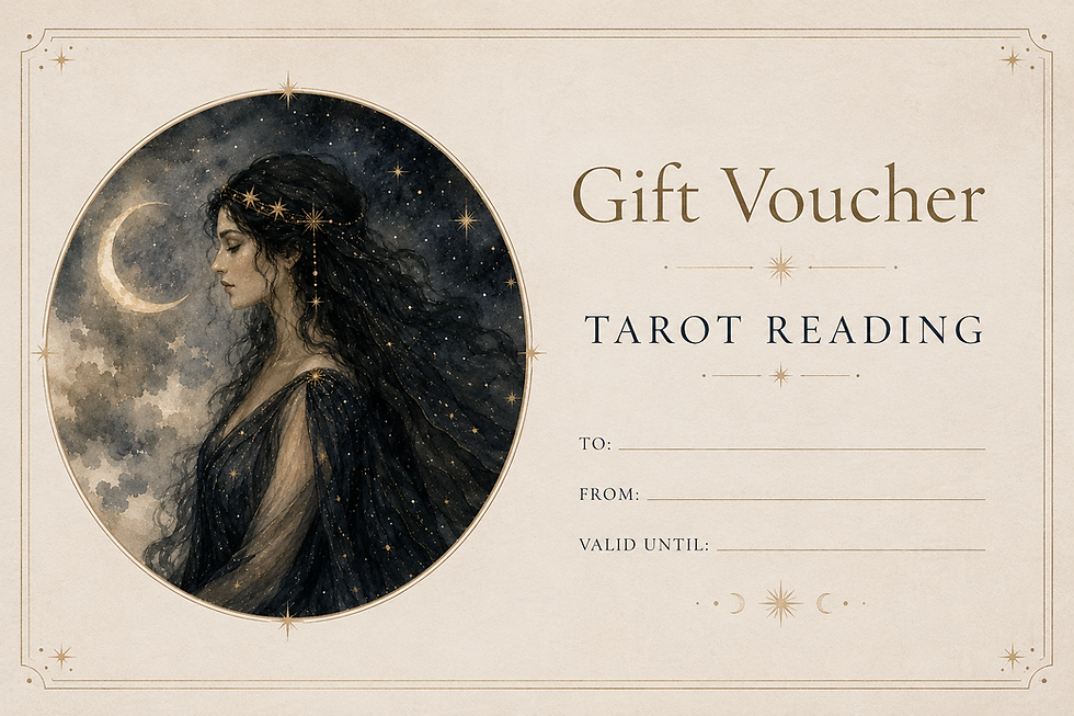 tarot card gift voucher showing a high priestess of lileth goddess with a crescent moon