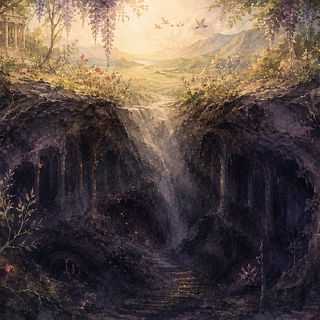 descent into the underworld as represented in hades myth with sunlit world giving way to dark depths