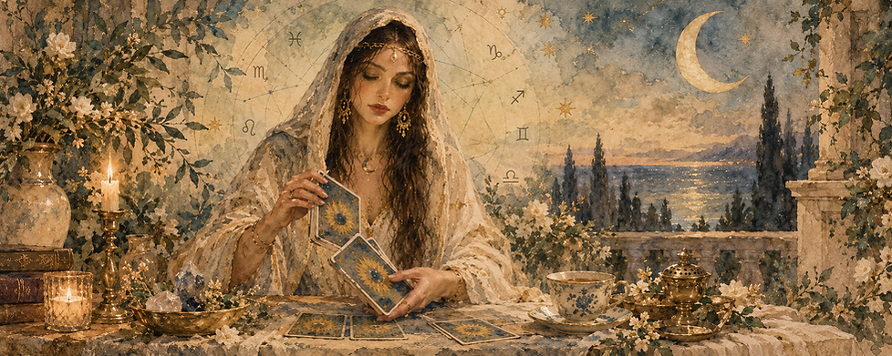 mystical tarot reader in Greek or ancient setting reminiscent of high priestess shuffling cards