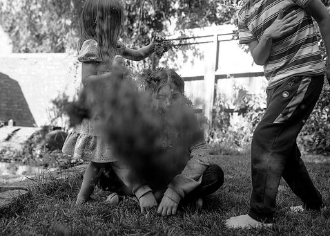 summer family portrait with siblings having a grass fight