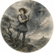Page of Swords holding his Sword above his head on a blustery mountain top